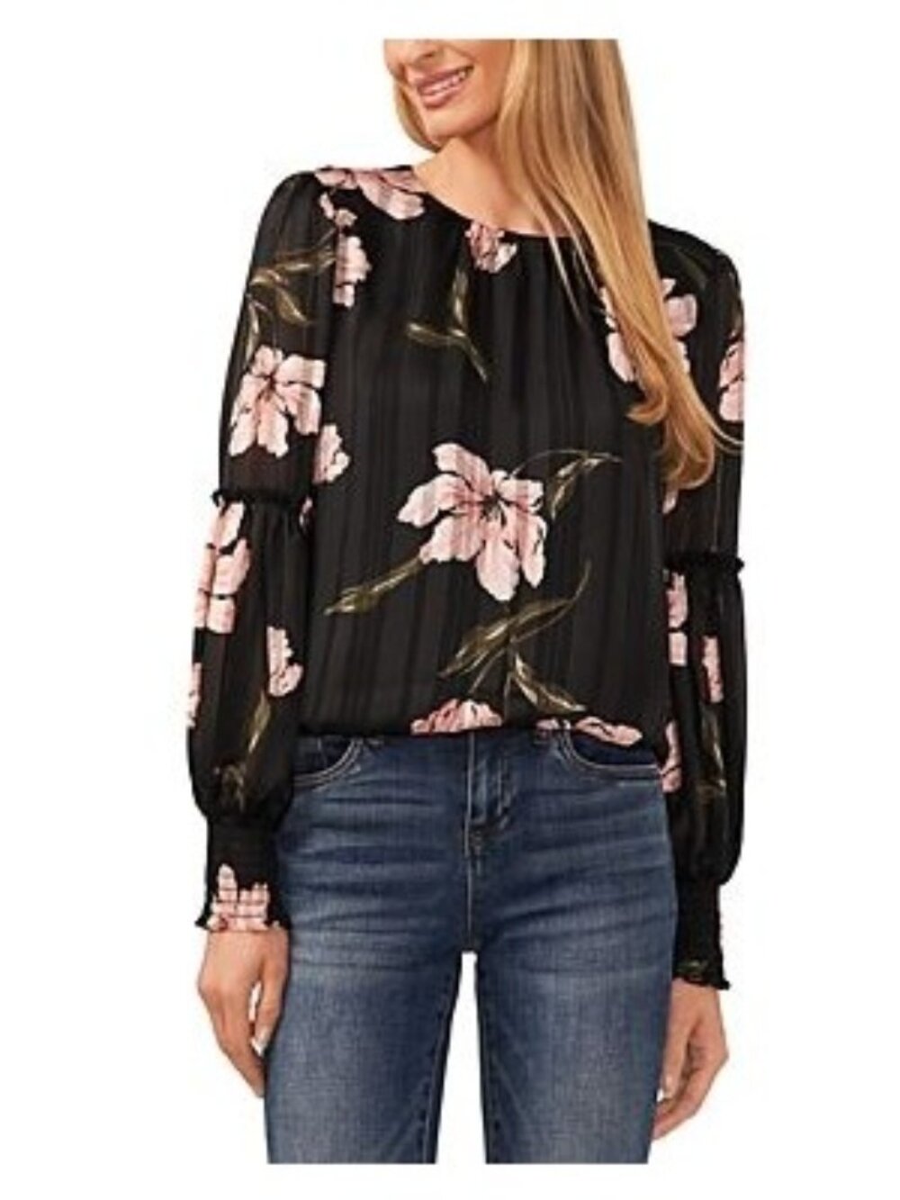 Cece Women Metallic Floral Print Ruffled Long Sleeve Blouse Black Size Large NWT